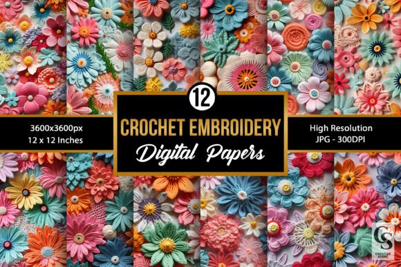 Crochet Flowers Embroidery Digital Paper