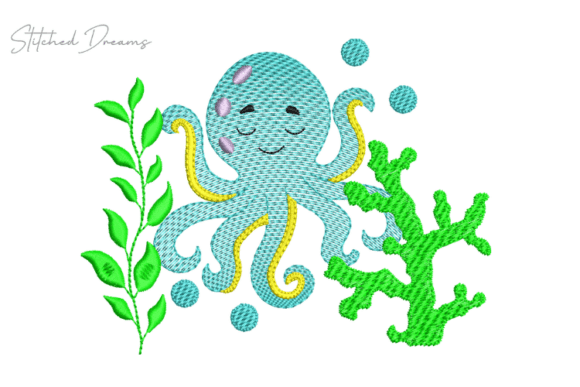Octopus Among Seaweed Embroidery Design