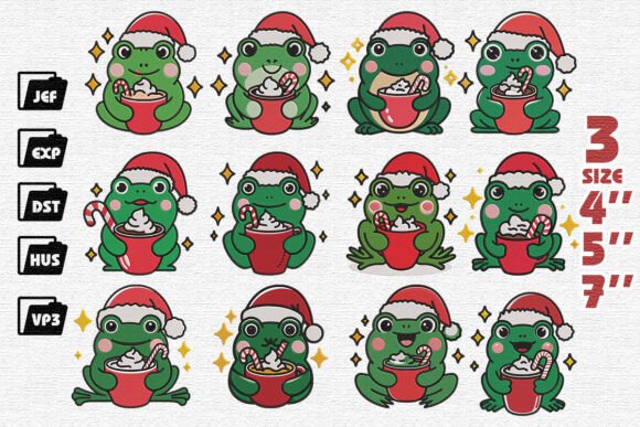 Set of 12 Cute Christmas Frog Embroidery